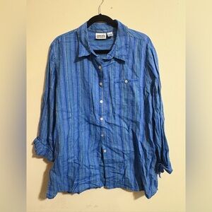 Chico’s Women’s shirt jacket SZ 3 XL 100% Linen blue yellow stripes front pocket